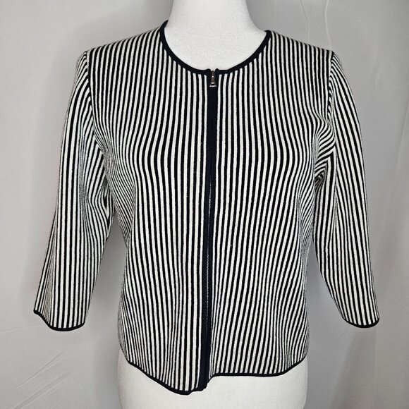 Theory Medium Stripe Blue White Stripe Jacket Asleen Geometric Knit Zip Blazer - Picture 2 of 11